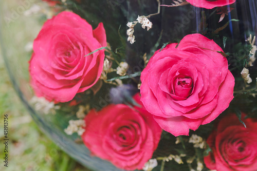 Close-up red roses adorned in glass jars to decorate the interior of the house. Gift ideas for lovers.