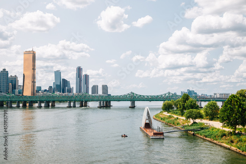 Photography Yeouido modern buildings and Nodeulseom island Han river park in Seoul, Korea