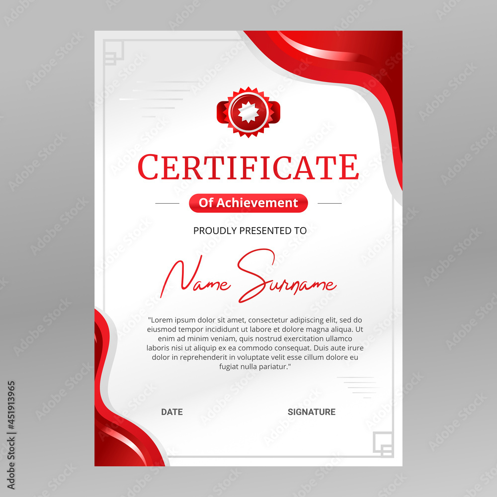 Fototapeta premium Modern Wavy Portrait certificate template. White and red background vector illustration. Elegant certificate for excellence, achievement, appreciation, Graduation, etc.