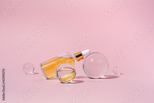 Dropper glass bottles with pipette. Transparent hyaluronic natural beauty product and eco serum skin care concept. Top horizontal view copyspace.