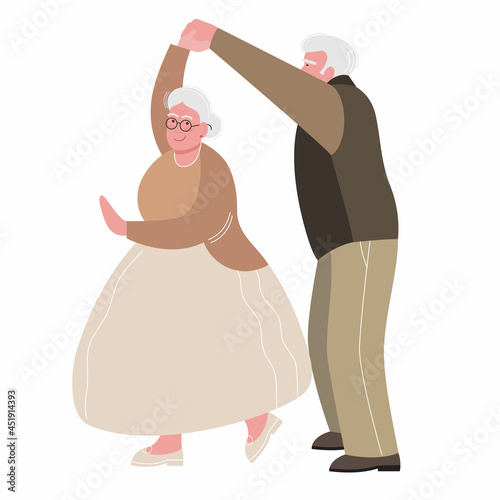 happy elderly couple is dancing. an active elderly man and a woman hold hands and spin in a dance.
 grandma and grandpa at the dance. drawing in a flat style, isolated on white. vector illustrationEPS photo