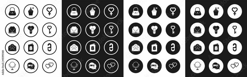 Φωτογραφία Set Female gender symbol, Heart shape in light bulb, Online dating app and chat, Handbag, Key heart, Perfume, Please do not disturb with and Envelope 8 March icon
