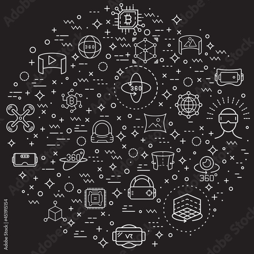 Simple Set of Virtual Reality and tech Related Vector Line Illustration. Contains such Icons as futuristic, display, smart tech, technology, device, 360 degrees, VR, future and Other Elements.