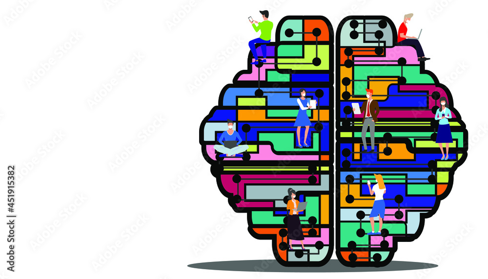 Businessman and woman brainstorm with logo brain variety of colors.idea and concept creativity illustration business innovation technology modern. Businessman and woman brainstorm with logo brain variety of colors.idea and concept creativity illustration business innovation technology modern.