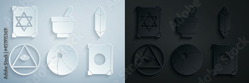 Set Beach ball, Magic stone, Masons, Ancient magic book, mortar and pestle and icon. Vector