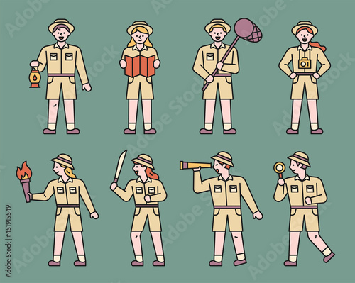 People dressed as explorers. vector design illustrations.