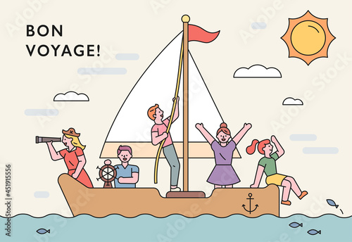 Adventurers sailing the sea on a boat.
