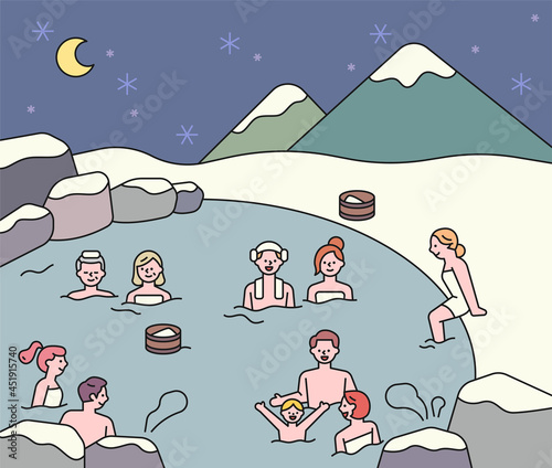 People in outdoor hot spring on a snowy day. vector design illustrations.