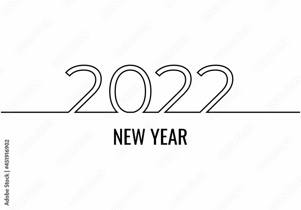 new year 2022 continuous one line drawing, minimalist text vector illustration, isolated on white background for celebration and banner.