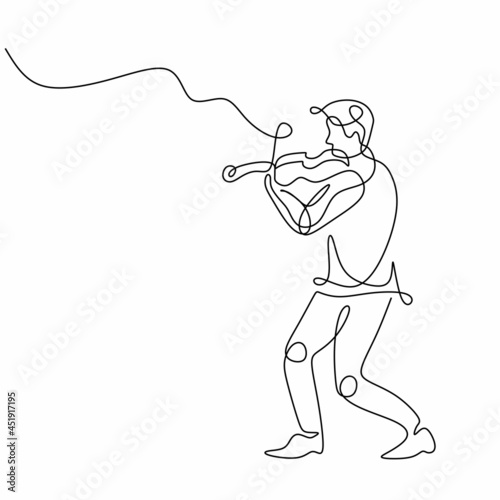 Music continuous line drawing, a man playing violin, simple hand drawn with minimalist contour outline.
