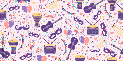 Carnival seamless pattern with festive festa junina drawing. Vector seamless pattern with carnival elements. Repeated texture with bright summer obeject. Background for Brazil carnival party. photo