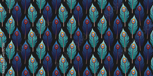 Seamless pattern with Peacock feather decoration. Colorful peacock feathers. and flying butterflies. Embroidery. Tropical birds art. Fashion template for clothes, textiles, t-shirt design
