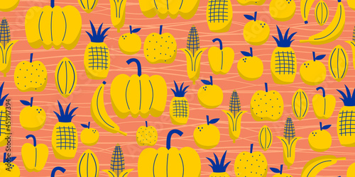 Yellow Fruits seamless pattern with cute natural drawing. Banana  corn  pineapple  lemon  pumpkin isolated on bright background