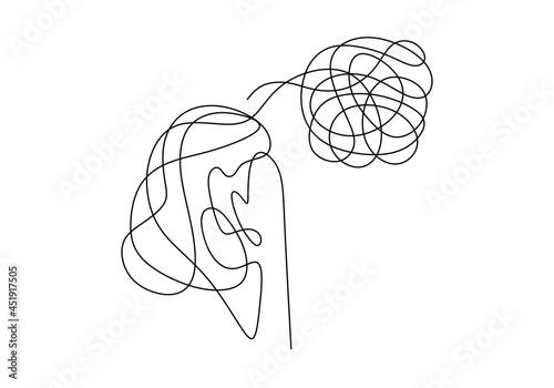 Sad, unhappy young woman continuous line drawing. Psychology problem with stress depression and bad mood. Minimalist vector illustration outline stroke style.