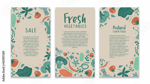 Food social media template with vegetable drawing colorful story banner. Vegan healthy foods for business promotion and store market.