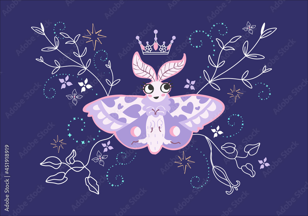 Vector celestial nocturnal print with cartoon lavender moth butterfly character on dark purple starry night sky with magic spells curves and flowers. Perfect for girls childish textile design. Vector celestial nocturnal print with cartoon lavender moth butterfly character on dark purple starry night sky with magic spells curves and flowers. Perfect for girls childish textile design.