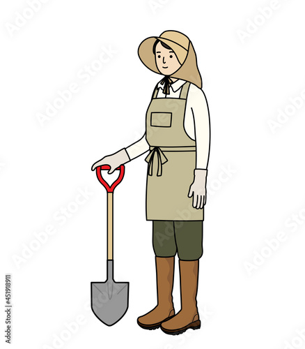 農作業の服装。農業、ガーデニング、家庭菜園。シャベルを持った女性。
