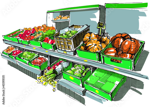 Vegetable and fruit corner at grocery store - hand drawn sketch