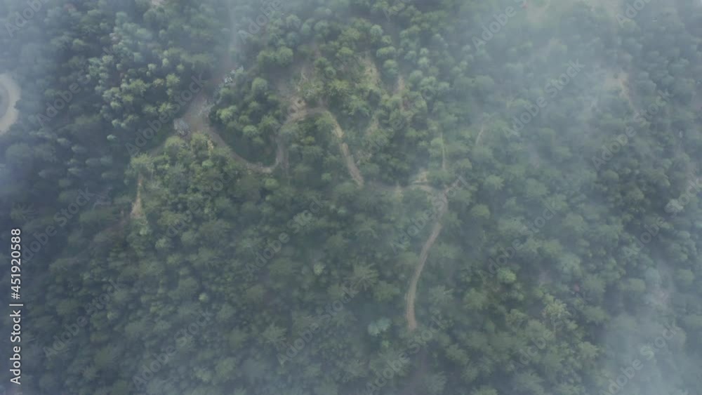 Aerial shot of dark green trees on top of a mountain with roads. 4K, HD Aerial shot of dark green trees on top of a mountain with roads. 4K, HD