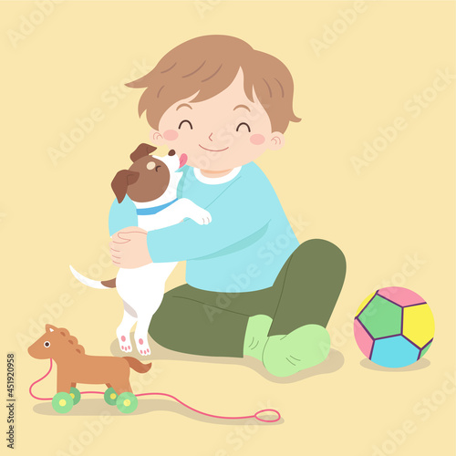 The boy sits on the ground with the puppy very happy, the puppy licks the boy's cheek with his tongue