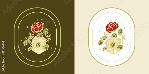 Vector feminine logo design templates in trendy linear minimal style. Peony, rose flowers and botanical leaf branch. Emblem, symbols and icons for cosmetics, jewellery, beauty and handmade products