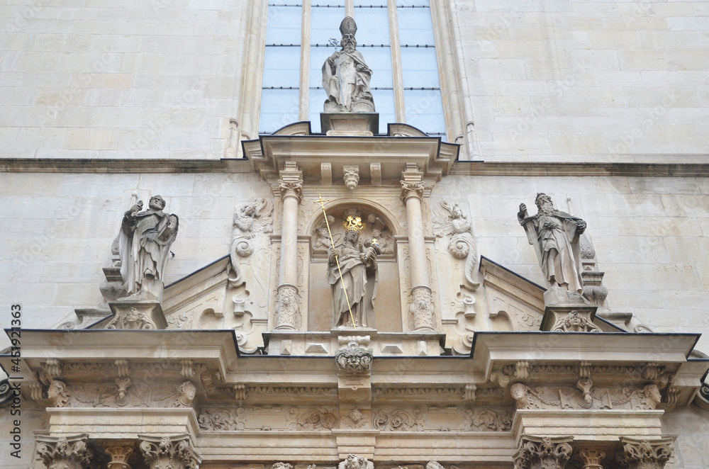 Front facade of Notre Dame Cathedral with intrigue decoration and sculpture, Luxembourg
