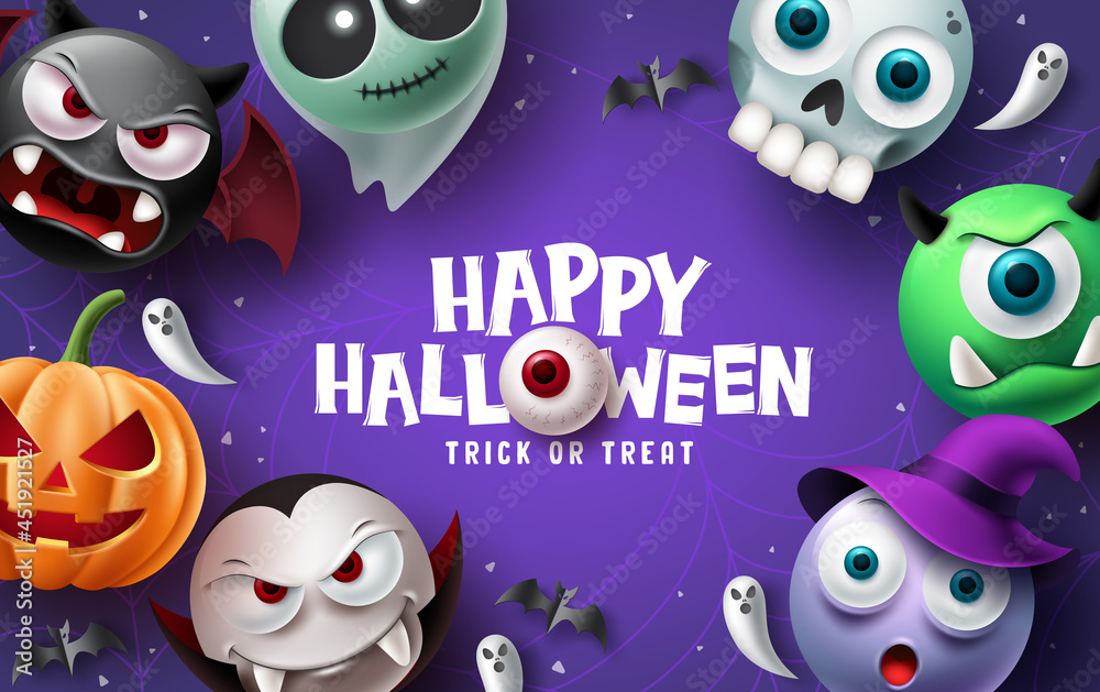 Happy halloween text vector background design. Halloween and trick or treat typography with scary, spooky, creepy and cute mascot characters. Vector illustration. Happy halloween text vector background design. Halloween and trick or treat typography with scary, spooky, creepy and cute mascot characters. Vector illustration.