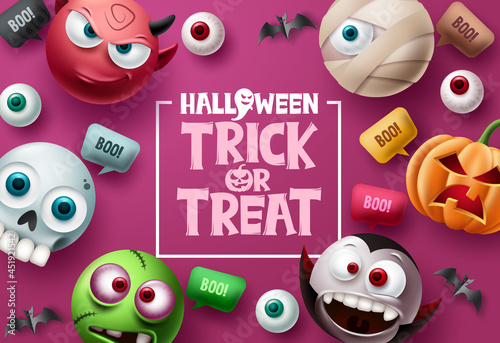 Trick or treat halloween vector background design. Halloween trick or treat text in pink space with cute, scary and spooky mascot characters with speech bubbles elements. Vector illustration.