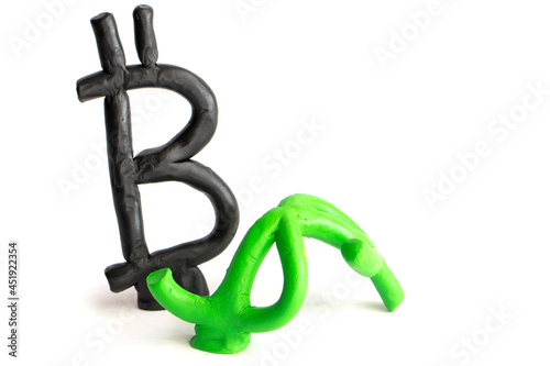 Symbol of dollar   bitcoin from plasticine on white background. finance concept
