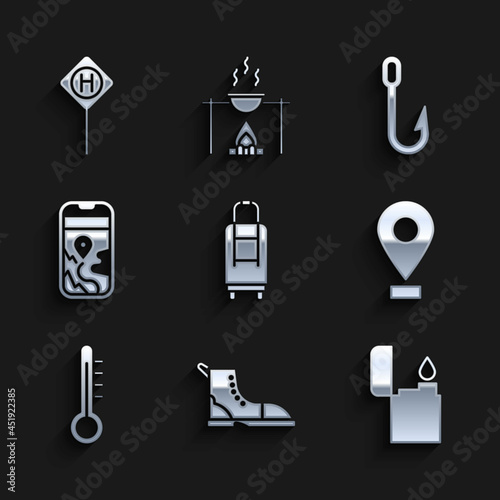 Set Suitcase, Hiking boot, Lighter, Location, Meteorology thermometer, City map navigation, Fishing hook and Parking icon. Vector