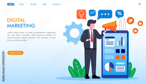 digital marketing strategy concept, social media promotion, business advertising, man with speaker, flat illustration vector
