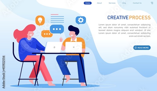 Men and women talking or brainstorming concept. Flat vector illustration banner and landing page.