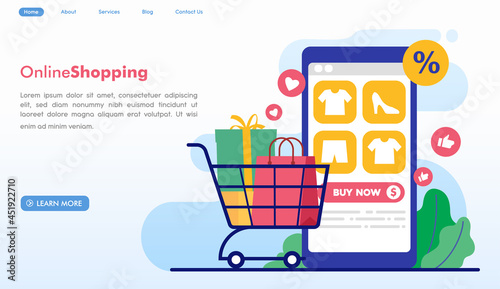 online shopping with mobile phone, easy shopping, purchase, e-commerce, marketplace, flat illustration vector
