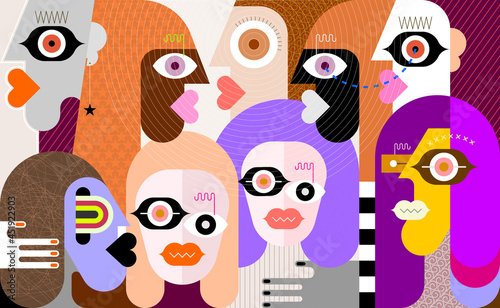 Hypnotic person among a group of people modern art graphic illustration. Abstract artwork of many different faces.