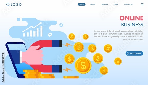 online business, earn money from internet, freelancer, digital product, magnet with coin, landing page flat illustration vector