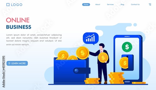 online business, earn money from internet, freelancer, digital product, man with coin, landing page flat illustration vector