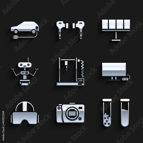 Set 3D printer, Mirrorless camera, Test tube and flask, Smart Tv, Virtual reality glasses, Robot, Solar energy panel and Electric car icon. Vector