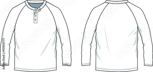 Men's Henley Neck Raglan Long Sleeve T-shirt Front and Back, Boy' s Henley Neck Raglan Long Sleeve Front and Back. Fashion Illustration Vector, Fashion Technical Drawing photo