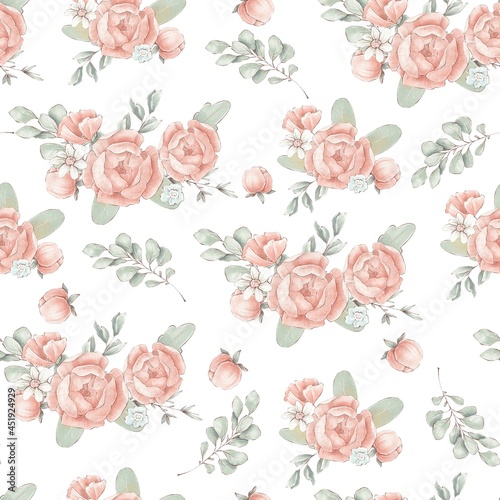 Seamless pattern with cute delicate spring flowers and leaves