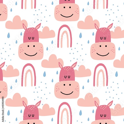 Photography Childish hand-drawn seamless pattern with hippo and rainbow
