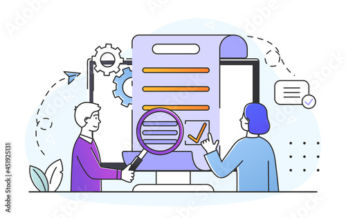 Business contract signing concept. Man checks details of document, woman puts electronic signature. Cooperation agreement. Cartoon doodle flat vector illustration isolated on a white background
