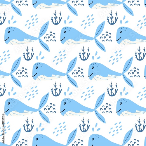 Fototapeta Naklejka Na Ścianę i Meble -  Childish hand-drawn seamless pattern with blue whales. Pattern with whales and algae. Pattern for postcards, fabrics, prints, wrapping paper.
