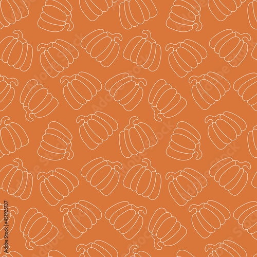White pumpkins on an orange background in a simple doodle style. Seamless vector pattern for fabric, paper. Autumn illustration for Thanksgiving or Halloween celebration.