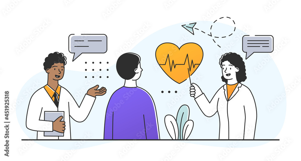 Consultation with cardiologist concept. Doctors examine patient and make diagnosis. Woman talks about cardiovascular system health. Cartoon doodle flat vector illustration isolated on white background - obrazy, fototapety, plakaty 