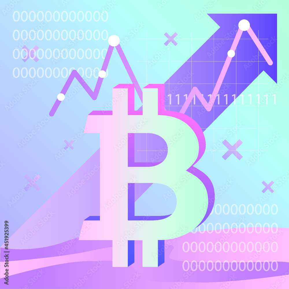 Bright graphics with bitcoin, chart and growth on a digital background. It symbolizes success in business, trading and finance on the stock exchange. For the design of materials, infographics, social Bright graphics with bitcoin, chart and growth on a digital background. It symbolizes success in business, trading and finance on the stock exchange. For the design of materials, infographics, social