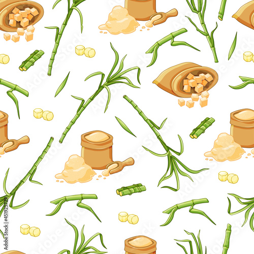 Sugar cane seamless pattern on a white background. Stems, leaves, brown sugar in a cartoon-style bag. Vector background