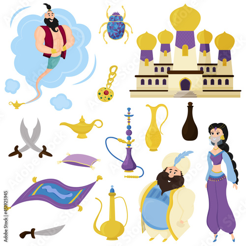Set of Arabic portraits and cartoon-style characters. Sultan, genie, vessel, magic lamp, carpet, palace