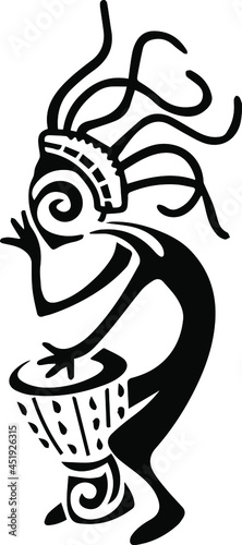 Kokopelli fertility deity vector tattoo illustration. Native Americans ethnic black tattoo aztec symbol. Black Kokopelli with flute isolated on white. African spirit of music. photo