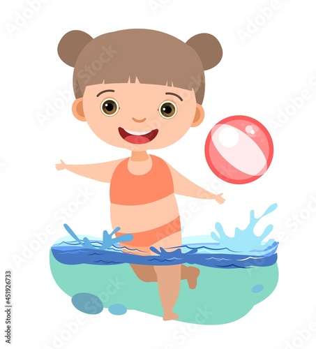 Girl is having fun. Waves of water in river  sea or ocean. Flow. Swimming  diving and water sports. Pool. Isolated on white background. Illustration in cartoon style. Flat design. Vector art