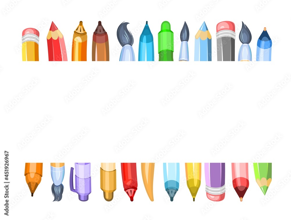 Stationery. Horizontal composition for boarders. Up and down. Pencils and brushes. Items for creativity. Ballpoint and gel pens. Isolated on white background. Cheerful cartoon style. Vector